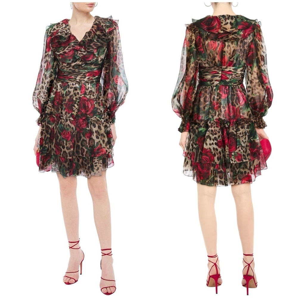 NWT Dolce & Gabbana Ruffled Printed Silk Organza Dress Leopard Floral Roses 40